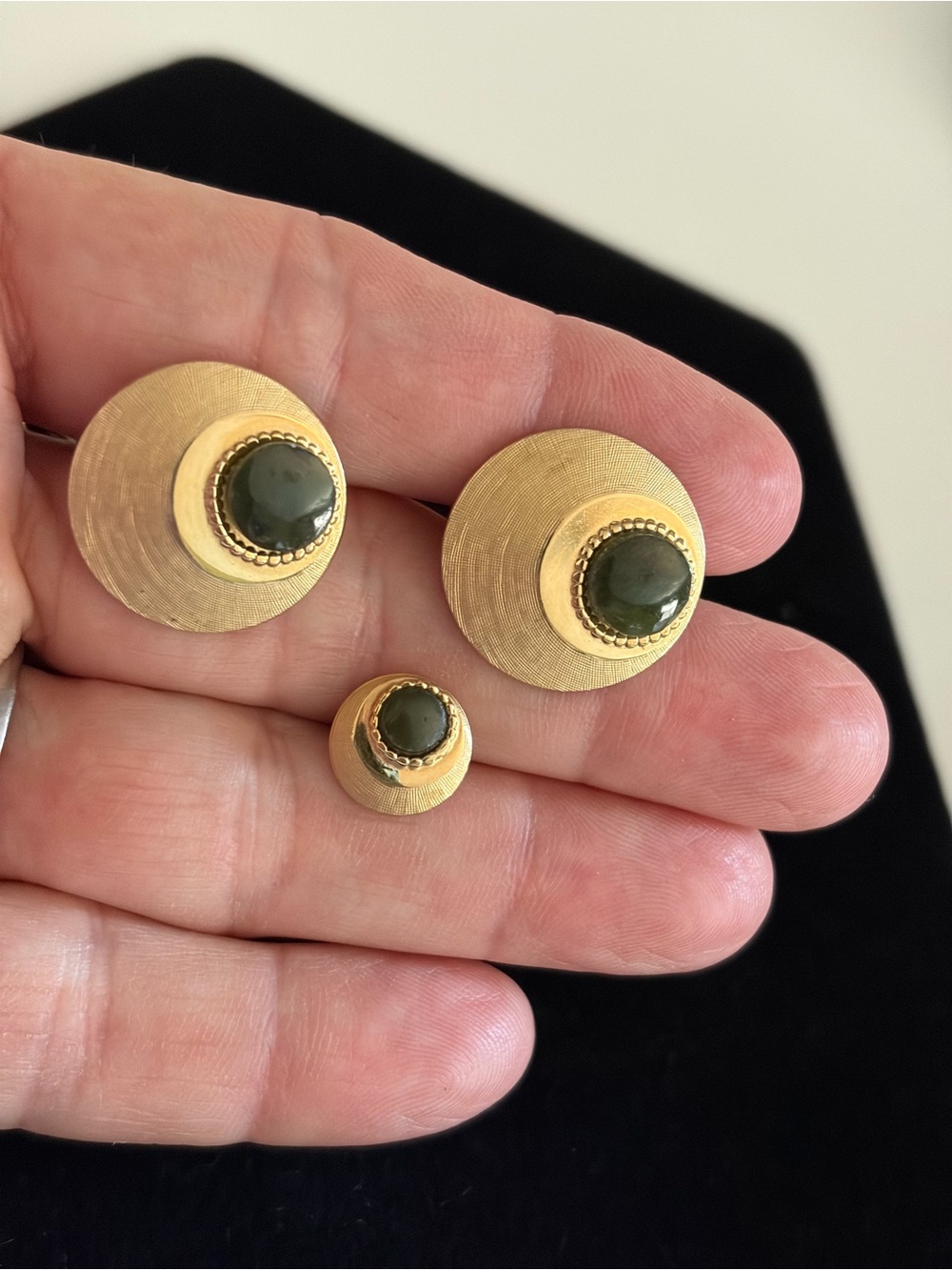 SWANK Gold-Tone Disc Earrings with Dark Green Cabochons